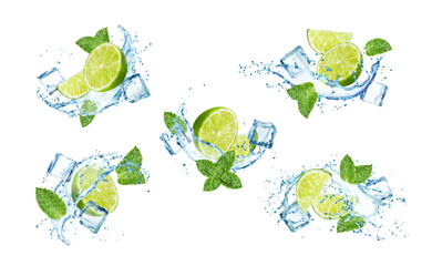 Mojito ice cubes, lime fruits in realistic splash and mint leaves, isolated vector. Mojito drink, soda water or lemonade with lime fruits and ice cubes explosion in splashing blue water swirl