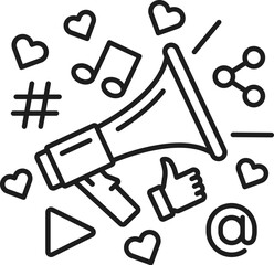 Aufkleber - Marketing. SEM. Search engine marketing icon of megaphone with social media symbols. Vector website promotion, online advertising and SEO. Thin line speaker, social media like, share and email signs