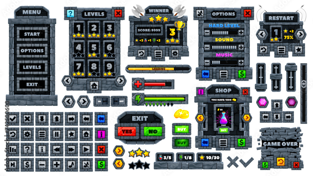 Medieval stone game interface and UI game buttons for GUI, vector ...