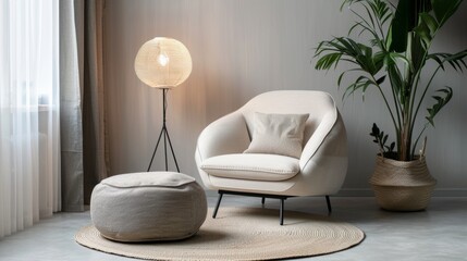 Wall Mural - On a gray wall background, a couch with a blanket, a glowing lamp, a potted plant, an ottoman, and a round carpet on the floor make up this living room. A blog about real estate and modern interiors,