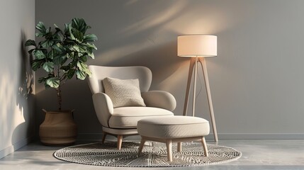 Sticker - In the living room a white armchair with pillow, a glowing lamp, an ottoman and round carpet sit on the floor against a gray wall background with a simple Scandinavian design.