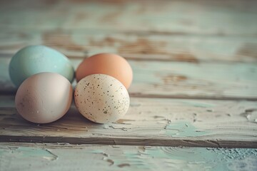 Wall Mural - Colorful Easter eggs on rustic wooden table with spring flowers and vintage filter effect