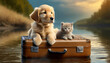 A cute golden retriever puppy dog and a kitten sitting on a suitcase in a stream, the concept of travel and life with animals