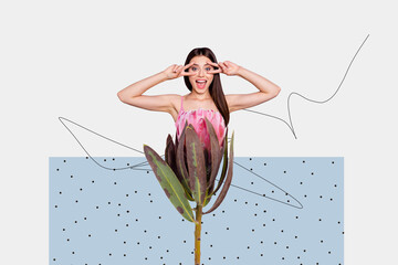 Wall Mural - Image collage banner of crazy cheerful woman showing v-sign inside growing blossom flower isolated on white color background