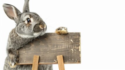 Wall Mural - gray fluffy rabbit with curious expression looking at a blank signboard on white background. cute ea