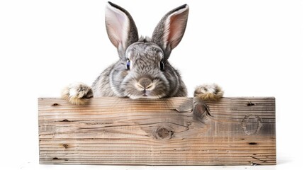 Wall Mural - gray fluffy rabbit with curious expression looking at a blank signboard on white background. cute ea