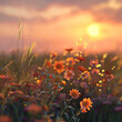 3d rendered photos of sunrise over floral filed, with delicate morning, relaxing scene made with generative AI