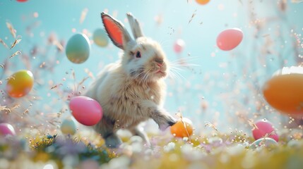 Wall Mural - Happy Easter celebration with running bunny and flying eggs
