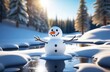 Illustration of a cute Melting snowman who is melting in puddles, snowdrifts are melting around, puddles, trees without leaves, forest, the bright spring sun is shining