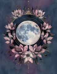 Lunar art piece about the power of the moon, floral surrealism, inspired by wiccan traditions. Mystical and magical imagery for womans circles, lunar circles and red tents. Spiritual connection.