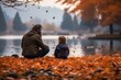 dad and son catch fish with a fishing rod, sit on a boat on the river bank