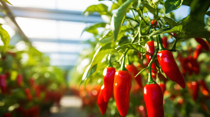 Wall Mural - ripe red hot pepper growing on a bush in a greenhouse. Organic agriculture concept. Generative AI