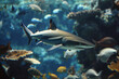 White shark underwater in the ocean or aquarium
