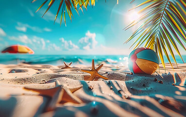 Wall Mural - Tropical Beach Paradise, Summer Vacation Concept, Starfish on Sandy Shore, Idyllic Ocean Escape, Relaxing Seaside