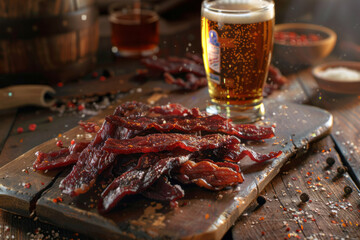 Dried salted beef on a board on a black table background with beer. Beautiful jerky beef background with pepper elements and a mug of beer in the background with space for text or inscriptions
