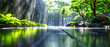 Tranquil Waterfall in Lush Green Park: A Peaceful, Tropical Oasis with Cascading Water and Reflective Ponds