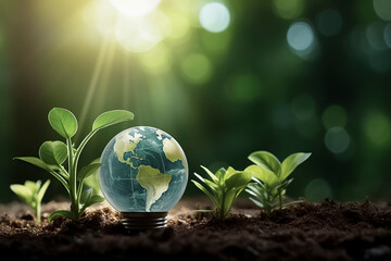 A globe light bulb is surrounded by young plants, symbolizing the connection between energy and the environment, ai generative