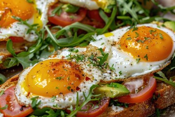 Wall Mural - Bread with fried eggs, avocado and herbs