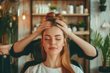 Poster - Beautiful young woman receiving massage of head in beauty salon