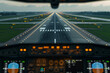 Airplane approaching for landing in front of the runway, view from the aircraft cabin with elements of accessories. Airplane landing, view from the pilot's chair

