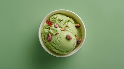 Bowl of green pistachio ice cream and dried fruit pieces isolated on green background.