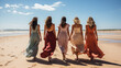Five women walking hand-in-hand on a sunny beach, showcasing unity and the serene joy of a summer day.