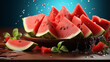 Juicy watermelon slices on a wooden plate with a splash of water, capturing the essence of summer refreshment