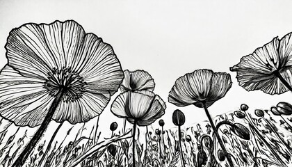 Wall Mural - poppy hand drawn ink illustration black and white floral drawing of poppy and california poppy