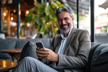 Happy smiling relaxed mid aged businessman, mature professional businessman entrepreneur sitting in outdoor cafe holding smartphone using mobile phone digital technology apps. Authentic, Generative AI