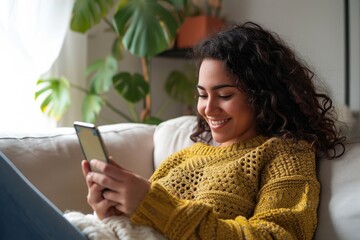 smiling young latin woman sitting on couch using cell phone at home holding smartphone, looking at c