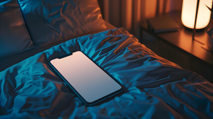 Isolated smartphone device on the bed in the bedroom at night with blank empty white screen at home, communication technology concept