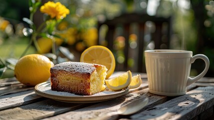 Canvas Print - a coffee with a side of lemon pound cake, served on a rustic wooden table in a garden