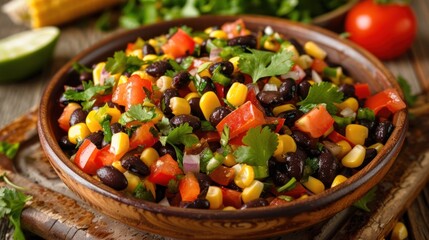 Wall Mural - a corn and black bean salad, with sweet corn kernels, black beans, diced bell peppers, and cilantro,