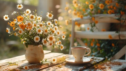 Wall Mural - A charming image of a coffee break in a sunlit garden, with a cup of espresso and a vase of freshly picked flowers