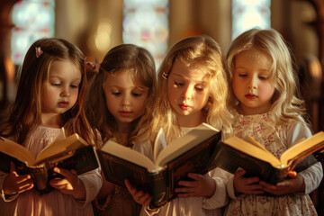 beautiful little girls reading bible in a church