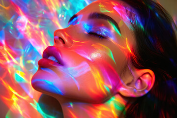 Wall Mural - Glowing Neon Beauty: A Colorful Fantasy Portrait of a Young Woman with Bright Makeup under Ultraviolet Lights at a Disco Party