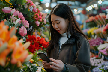 Wall Mural - young Asian woman browsing her phone while perusing flowers.