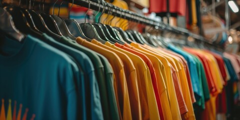 Close up of a row of Colorful rainbow order t-shirts on hangers bright color