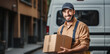 © Crowded Studio - Repartidor feliz llevando paquetes mientras hace la entrega a domicilio a su cliente.Repartidor de paquetes, conducción, reparto de cajas y mercancías, logística, pequeño empresario, autónomo