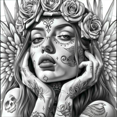 Wall Mural - Template of design art for t-shirt. beautiful woman in chicano style.