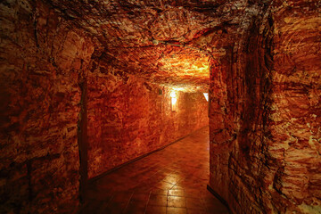 Underground corridor in the Desert Cave Hotel in Coober Pedy, (South Australia), dug out of sandstone in this mining town, nicknamed the opal capital of the world