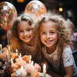 Elegante y especial fiesta de cumpleaños infantil. Grupo de niños felices celebrando un cumpleaños en un restaurante. Niños soplan velas en pastel de cumpleaños. Fiesta infantil.