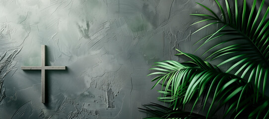 Wall Mural - Palm sunday background. Cross and palm on grey background