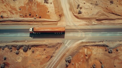 Wall Mural - Aerial view of truck driving through desert roads. Advertising for long-haul trucking services.