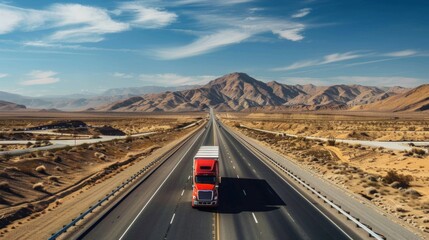 Wall Mural - Aerial view of truck driving on empty road around mountain landscape. Global logistics and supply chain management services