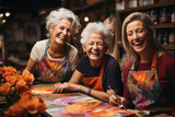 Fototapeta  - Persona mayor disfrutando de las clases de pintura y actividades artisticas. Talleres para personas jubiladas.