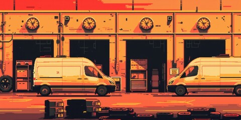 Wall Mural - Orange toned image with vans leaving warehouse, making deliveries. Time management in delivering