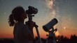 A young aspiring astronomer peers through a telescope at the twilight sky, exploring the vastness and beauty of the universe.