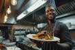 Smiling African American Chef Presenting Gourmet Dish in Restaurant Kitchen: Culinary Passion and Pride