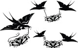 Fototapeta  - pair of swallow birds holding elegant carnival party mask - black and white luxurious accessories vector silhouette design set